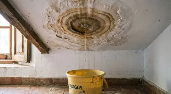 Goteras en el techo, una cubeta amarilla recoge el agua. Urge reparar tejado sin quitar tejas.