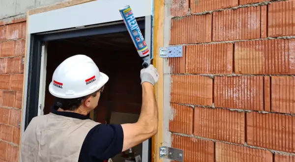 Un trabajador aplica espuma expansiva, que contiene diisocianatos, para sellar un marco de ventana en una pared de ladrillos.
