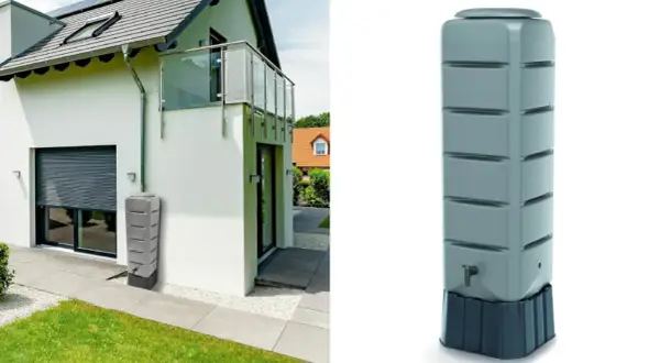 Modernos inventos para recoger agua de lluvia, un depósito gris junto a una casa y otro similar aislado.