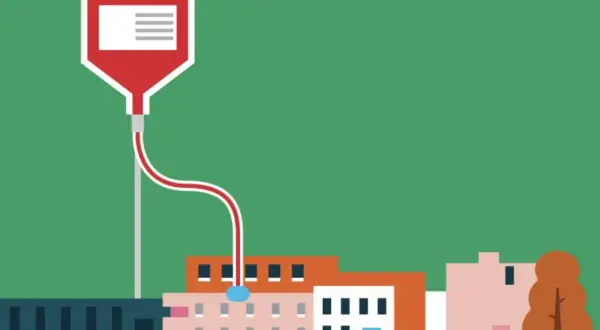 Una bolsa de sangre gotea sobre edificios enfermos, como si les diera vida.