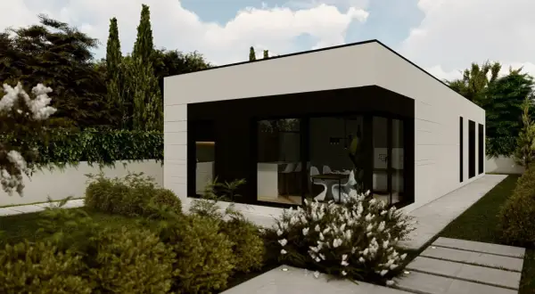 Casa moderna de construccion modular con amplios ventanales y jardín exuberante.
