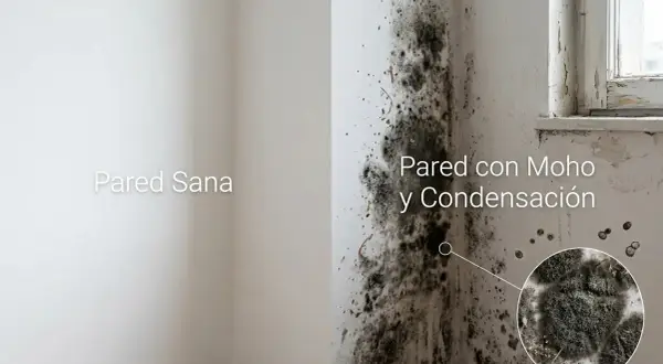 Comparación de una pared sana con otra afectada por moho y condensación. El moho en la pared se muestra en detalle.