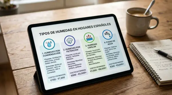 Tablet muestra tipos de humedad en hogares españoles: condensación, filtración, capilar y fugas de agua. Guía para saber cómo eliminar la humedad que brota del suelo.