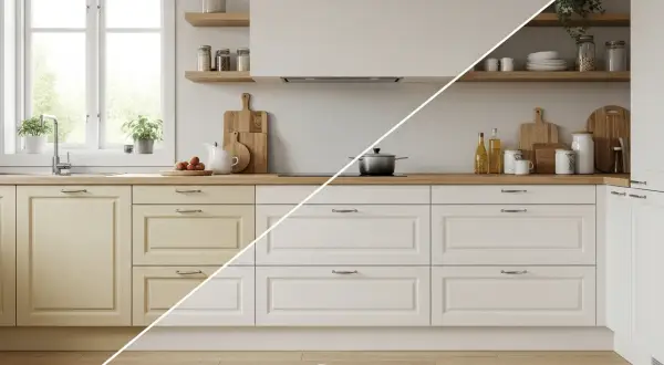 Cocina con muebles antes y después del lacado. El lado izquierdo muestra muebles amarillentos, el derecho, blancos y renovados.