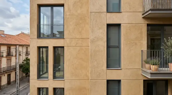 Fachada moderna con acabado de mortero para reparación, ventanas rectangulares y balcones con barandillas metálicas.