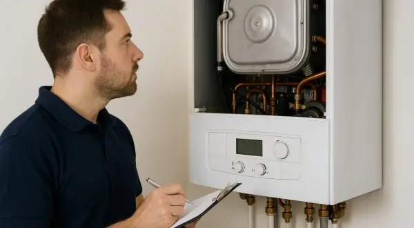 Técnico revisa caldera Baxi. Anota datos para subir presión y optimizar su funcionamiento.