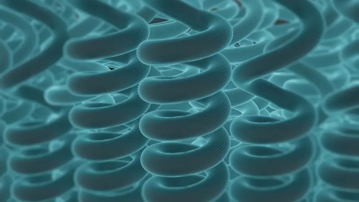 Estructura molecular en espiral, como un resorte, que muestra la complejidad del **reach que es** la ciencia de materiales.