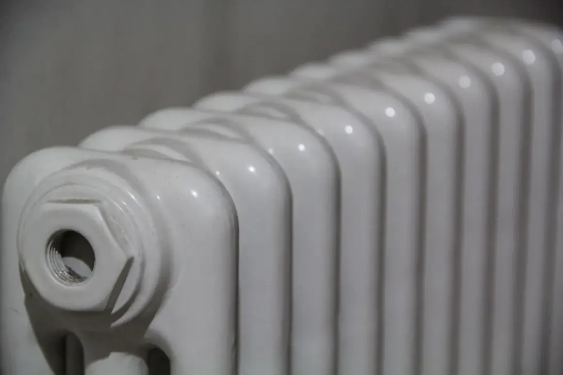 Radiador de mica blanco, con sus aletas curvas y un detalle de conexión en un extremo.