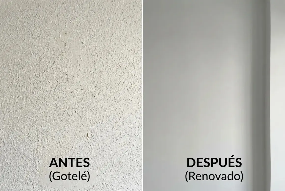 Pared con gotelé antes y después de renovar. Se puede hacer gotelé con esponja para un acabado liso.