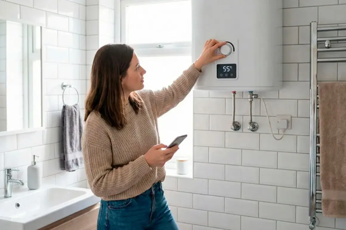 Mujer ajustando el termostato de un termo eléctrico mientras revisa su móvil. Mantenimiento termo eléctrico sencillo y moderno.