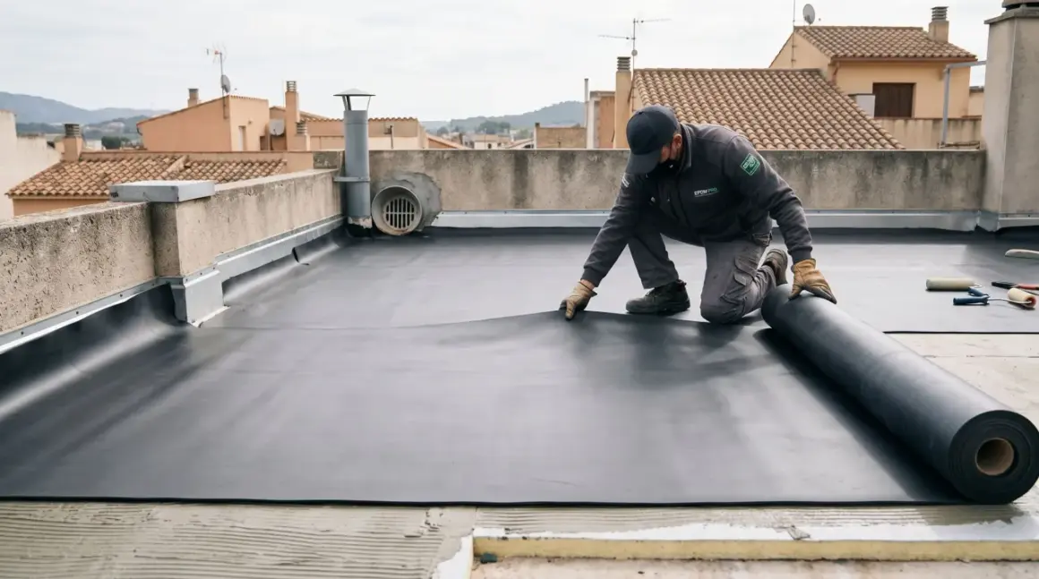Un trabajador instala una membrana impermeable en una terraza no transitable. El rollo de material negro se desenrolla sobre la superficie.