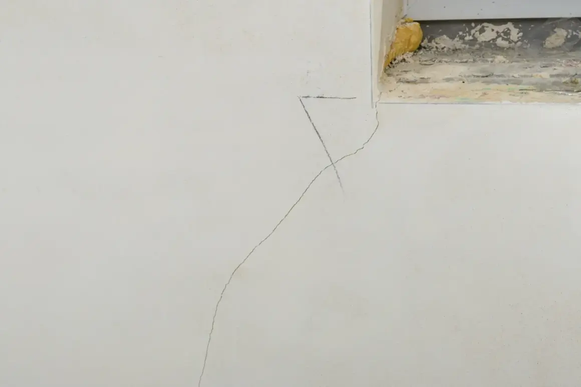 Grieta fina en pared de yeso, indicando la necesidad de reparar grietas por asentamiento. Se observa una marca de lápiz cerca de la grieta.