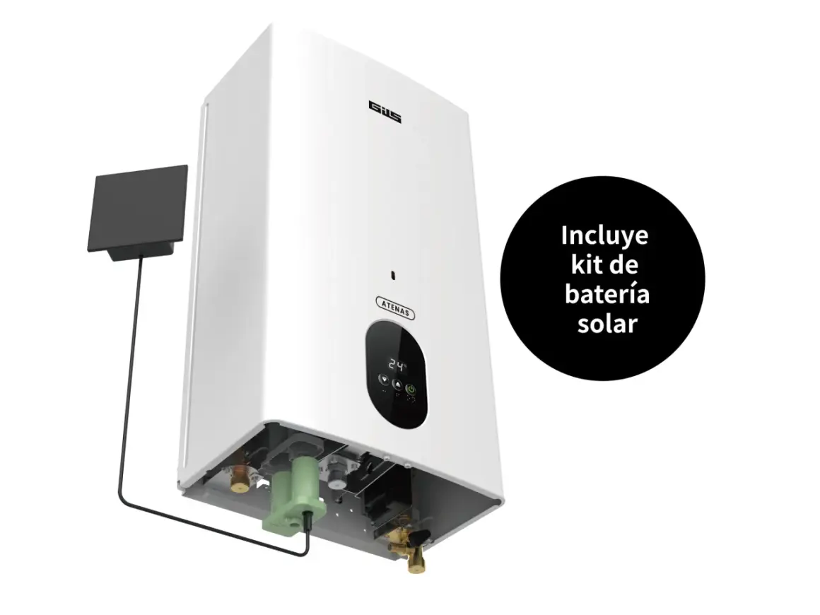 Calentador estanco "ATENAS" con kit de batería solar. Muestra la diferencia entre calentador estanco y atmosférico.