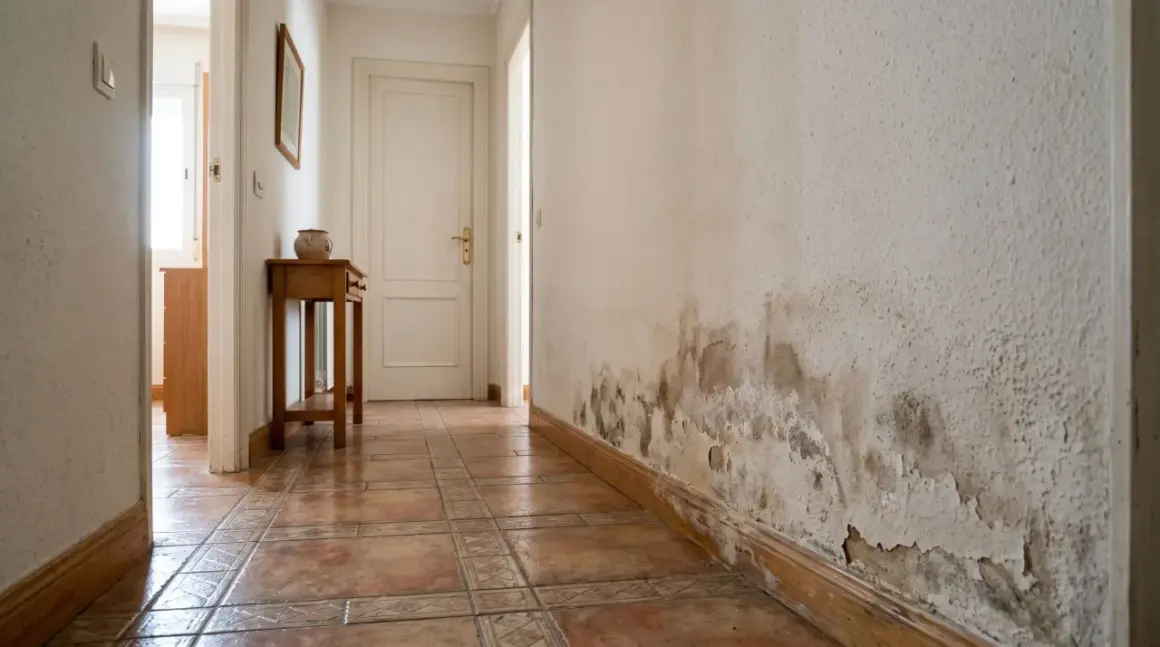 Pared con manchas de humedad y pintura descascarada. Averigua cuanto cuesta arreglar humedades por capilaridad.