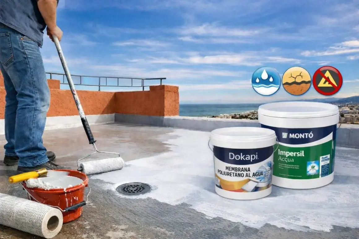 Hombre aplicando pintura para impermeabilizar suelo exterior. Cubos de Dokapi y Montó Impercil Acqua.