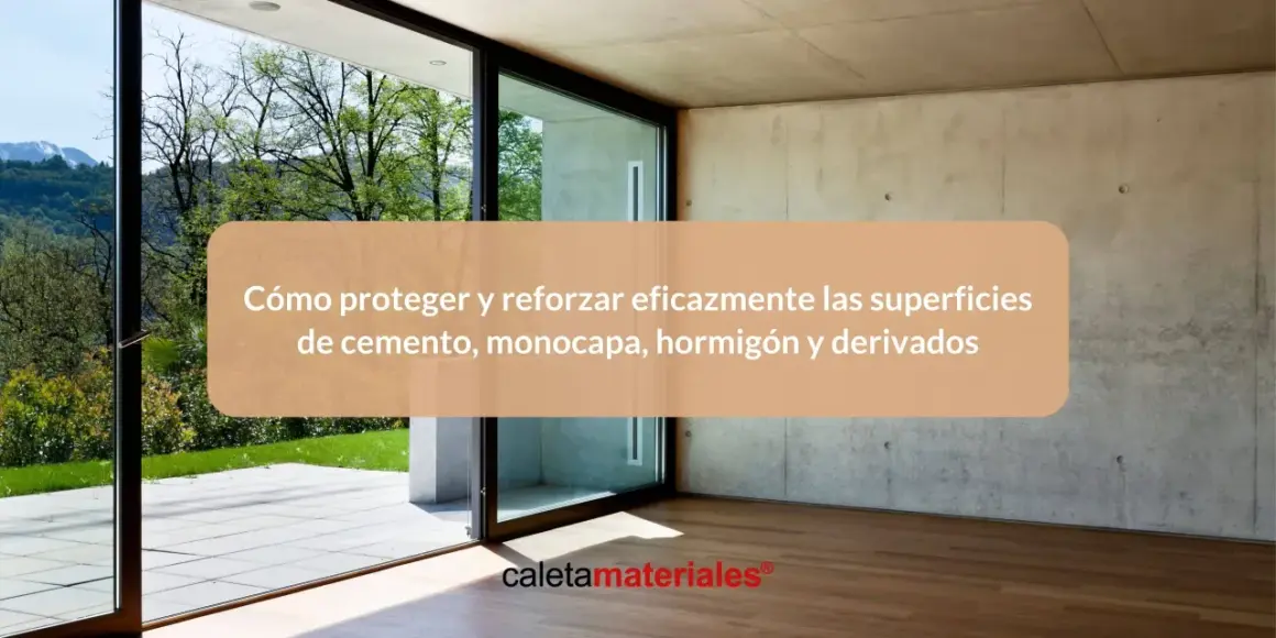 Fachadas de cemento y hormigón en un interior moderno con grandes ventanales y vistas al exterior. Texto sobre cómo proteger superficies.