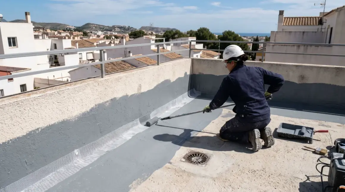 Persona impermeabiliza terraza con rodillo, aplicando pintura gris sobre malla de refuerzo.