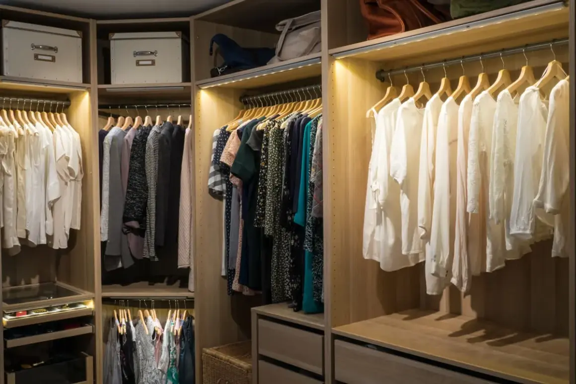 Armario con ropa colgada y cajas de almacenamiento. La iluminación del vestidor resalta la organización y el estilo.