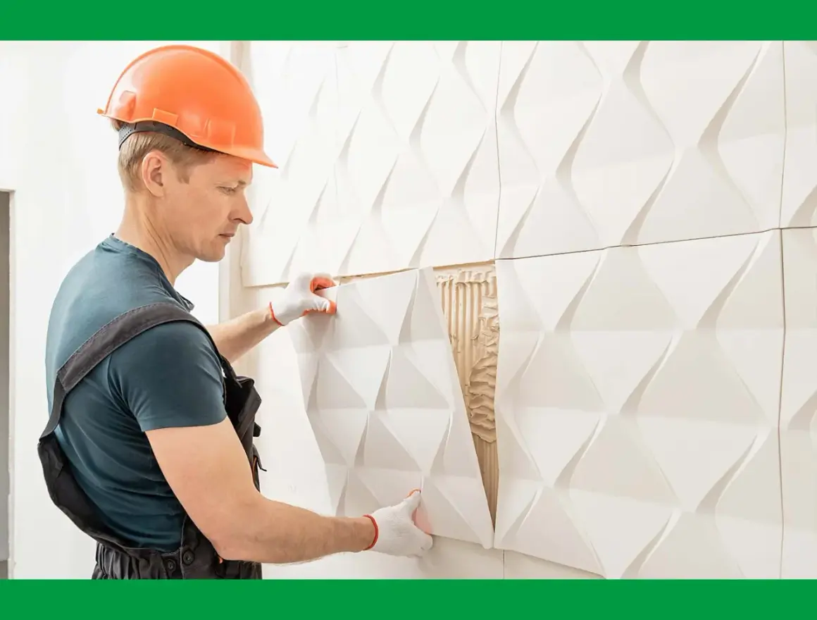 Obrero coloca paneles 3D blancos, una solución moderna para forrar una pared con humedad.