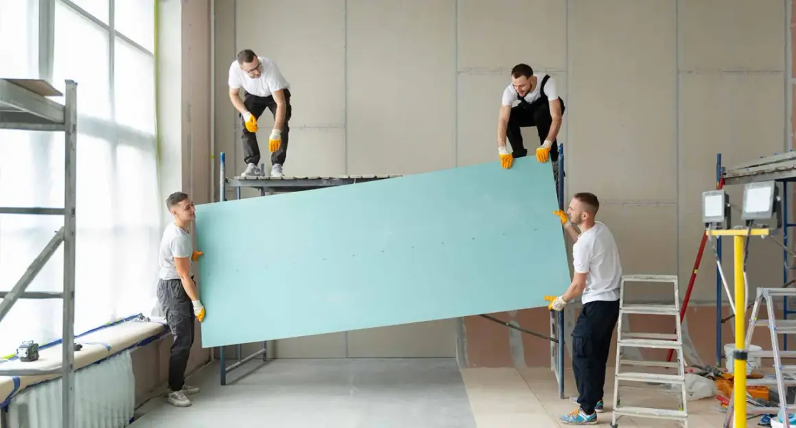 Cuatro obreros instalan un gran panel de pladur para crear un tabique con puerta.