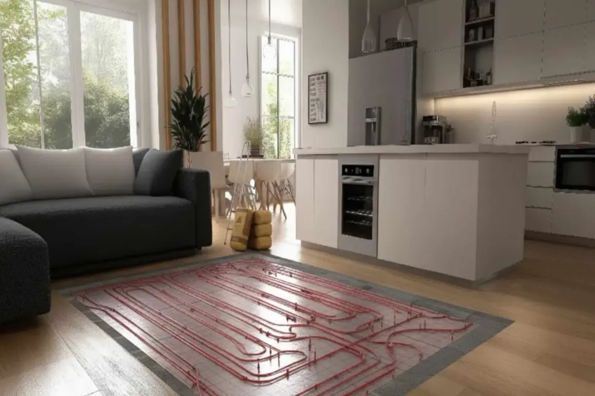 Instalación de suelo radiante aerotermia en una cocina moderna con sofá y ventanas amplias.