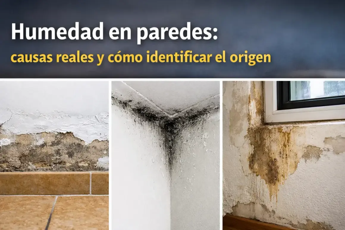 Humedad en paredes: causas reales y cómo identificar el origen. Imágenes muestran moho y desprendimiento de pintura.