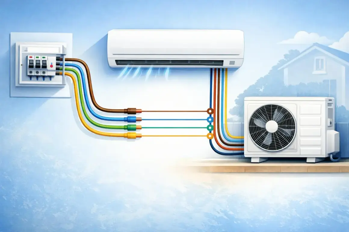 Unidad interior y exterior de un aire acondicionado inverter conectadas a un cuadro eléctrico.