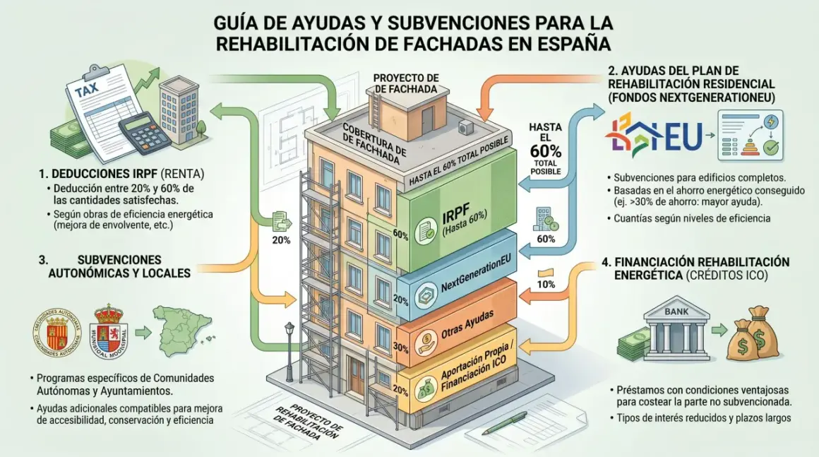 Guía de ayudas para la rehabilitación de fachadas en España, mostrando un edificio con andamios y diferentes niveles de financiación.