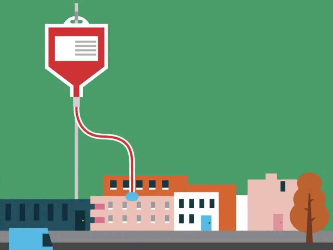 Una bolsa de sangre gotea sobre edificios enfermos, como si les diera vida.