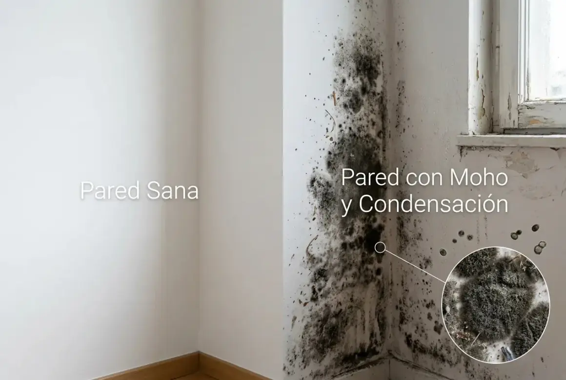Comparación de una pared sana con otra afectada por moho y condensación. El moho en la pared se muestra en detalle.