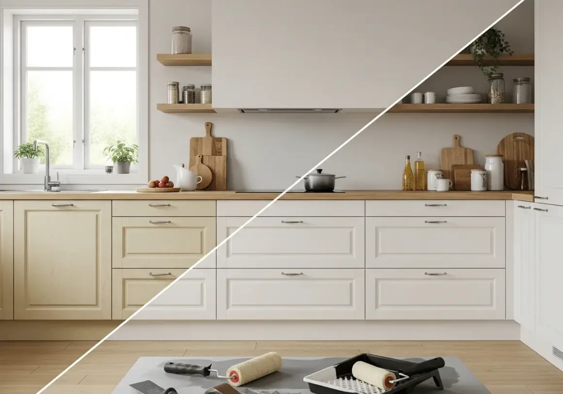 Cocina con muebles antes y después del lacado. El lado izquierdo muestra muebles amarillentos, el derecho, blancos y renovados.