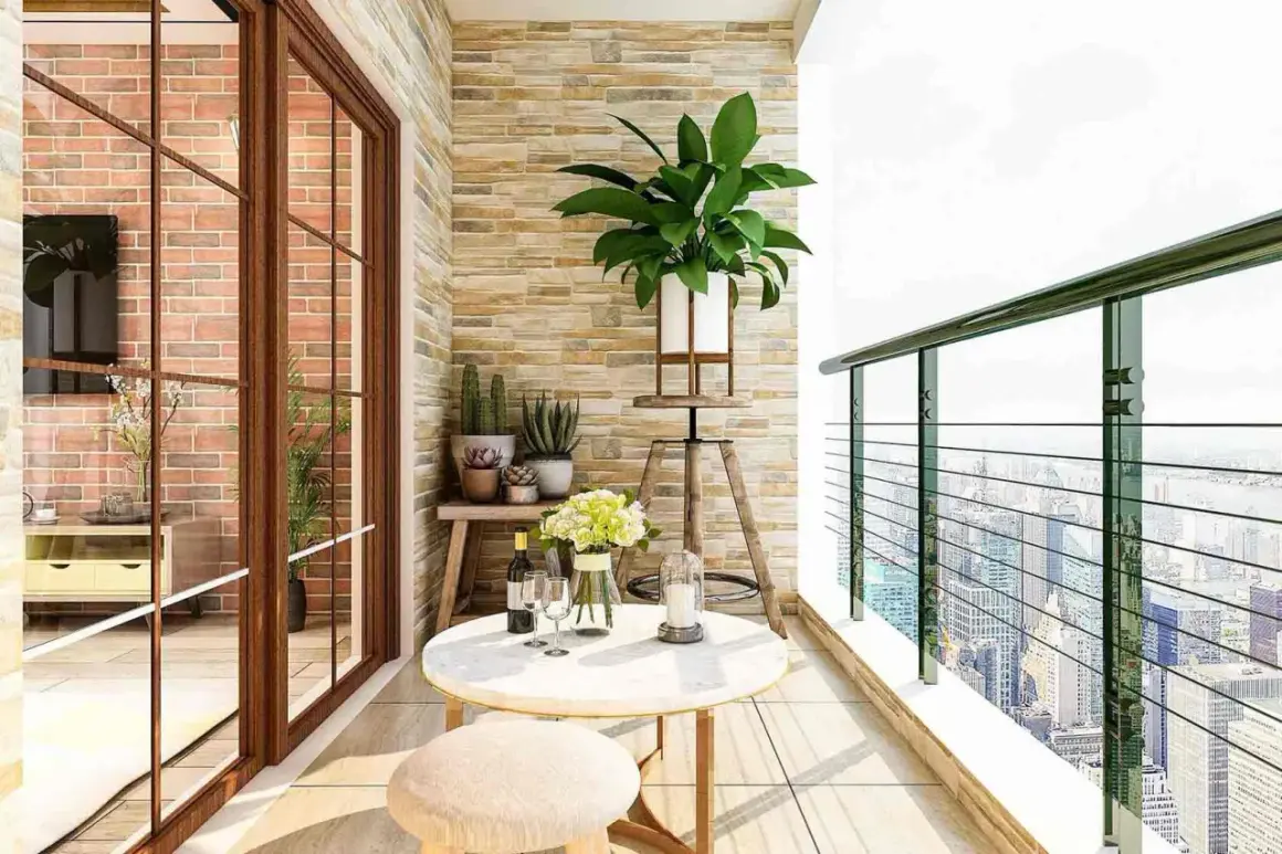 Ideas para decorar un balcón pequeño: mesa redonda, taburete, plantas y vistas urbanas.