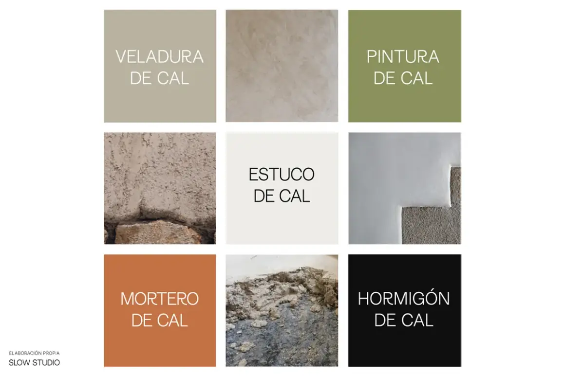Mortero con cal en tonos tierra, parte de una paleta de materiales naturales para construcción.