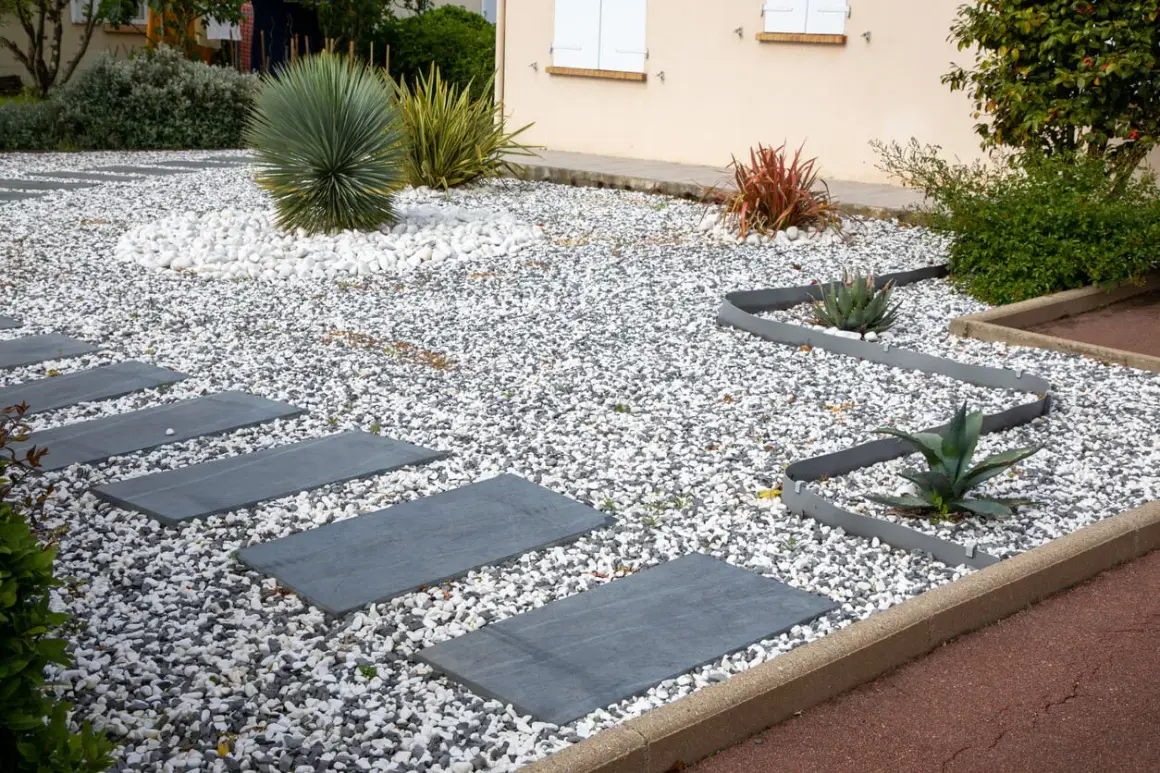 Senderos de piedra gris serpentean entre jardines con grava y piedras blancas y oscuras. Plantas suculentas y un gran arbusto verde completan el diseño.