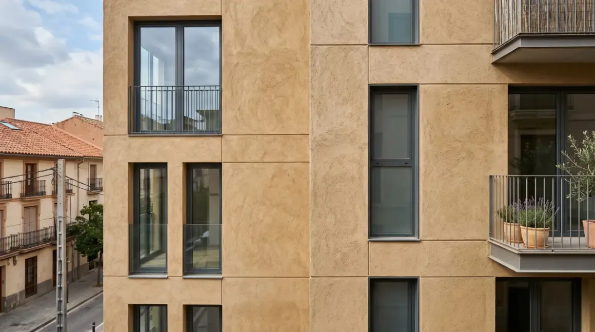 Fachada moderna con acabado de mortero para reparación, ventanas rectangulares y balcones con barandillas metálicas.