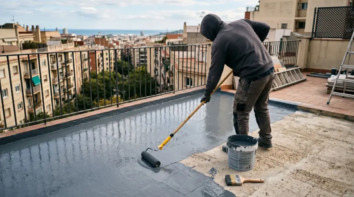 Hombre aplicando impermeabilizante a rodillo en terraza de 100 metros, con vistas a la ciudad y al mar.