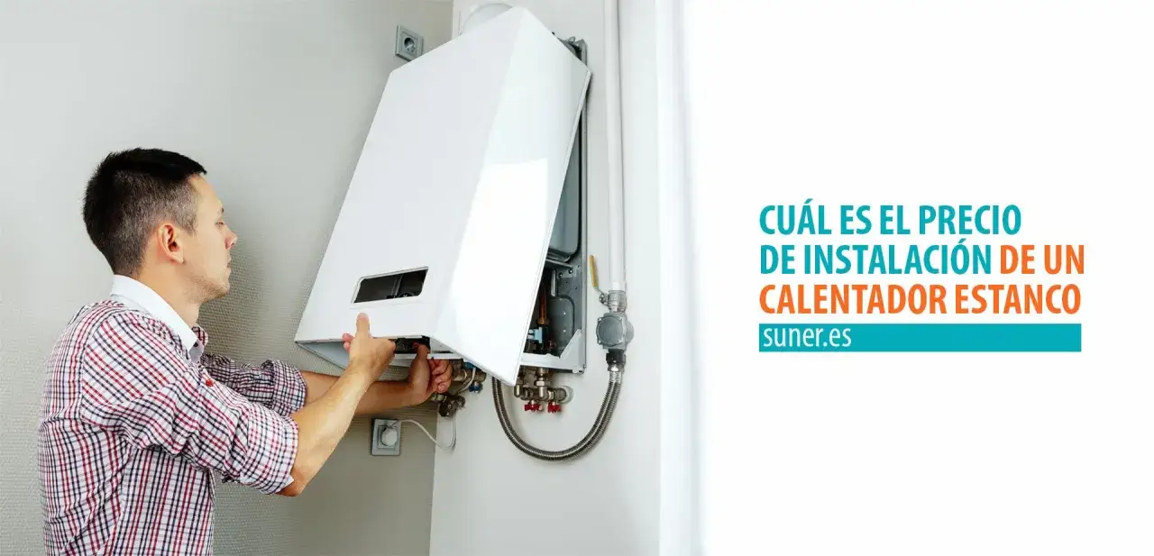 Técnico instala un calentador estanco. Información sobre la diferencia entre calentador estanco y atmosférico.