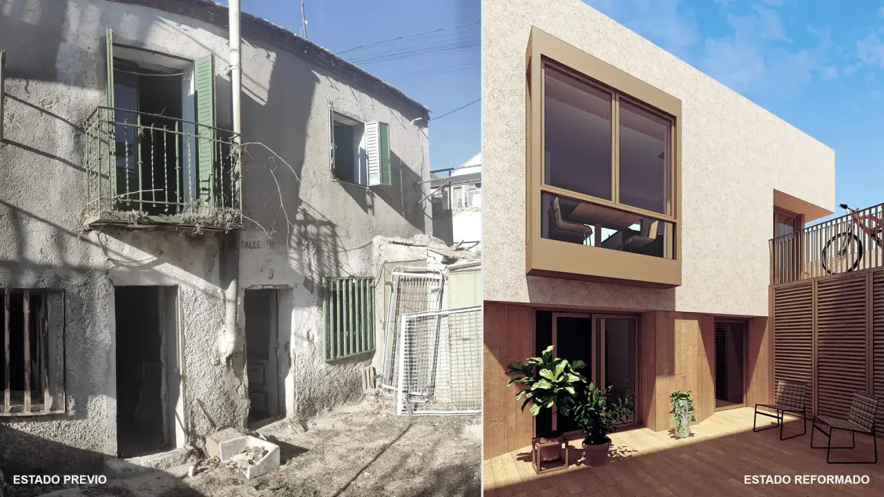 Comparativa de rehabilitación de viviendas: antes, un edificio deteriorado; después, una casa moderna con terraza y bicicleta.
