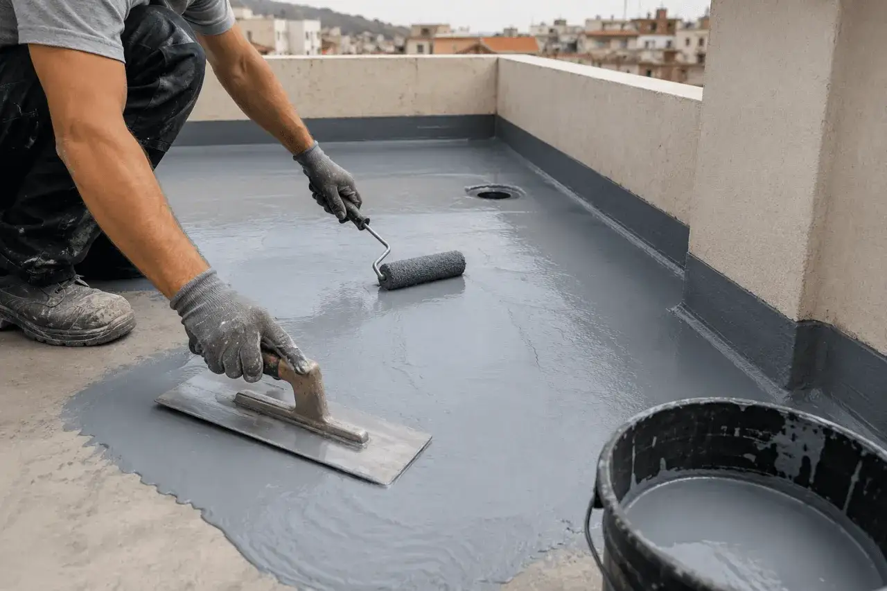 Obrero aplica capa gris para impermeabilizar una terraza. Usa rodillo y llana.