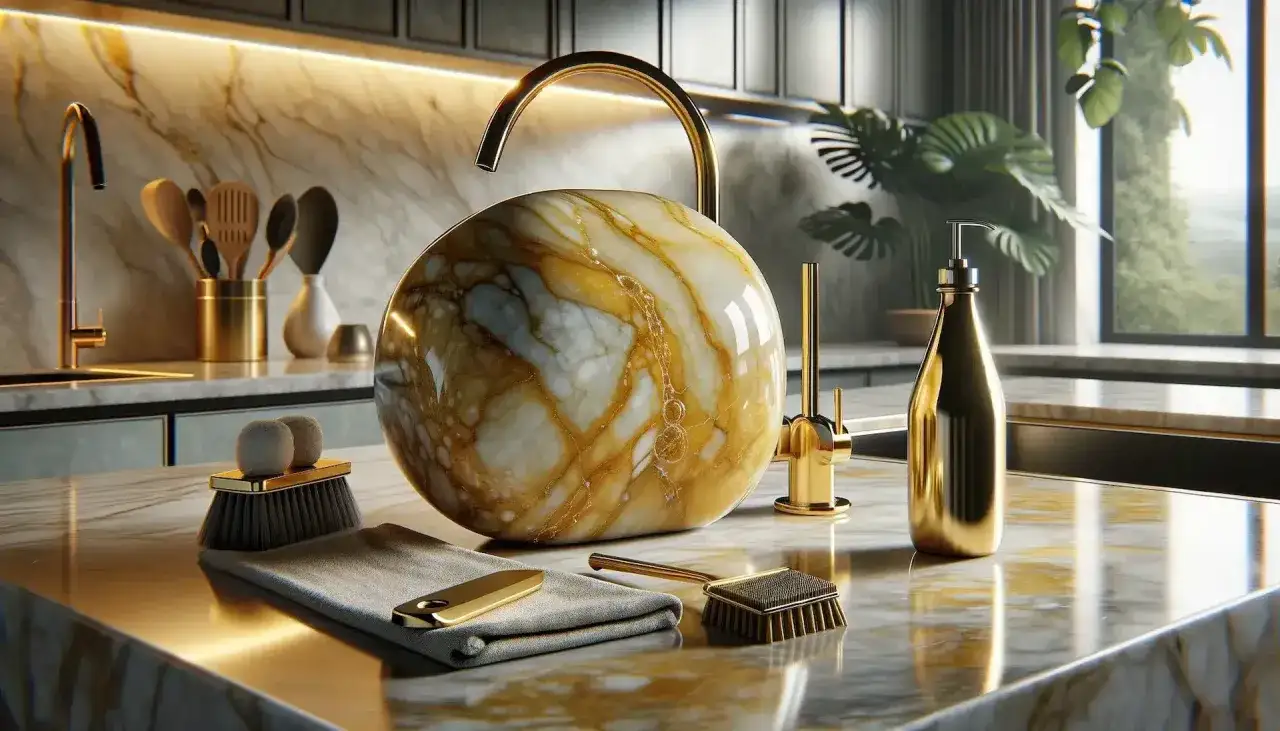 Detalles de limpieza para pulir mármol en casa: un cepillo, paño y jabonera dorados junto a un lavabo esférico de mármol.