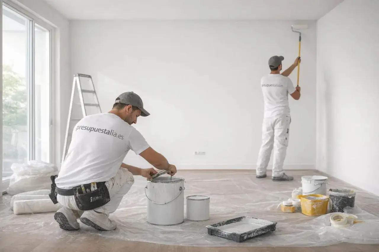 Pintores preparan la sala para alisar paredes con imperfecciones, usando rodillos y cubos de pintura.