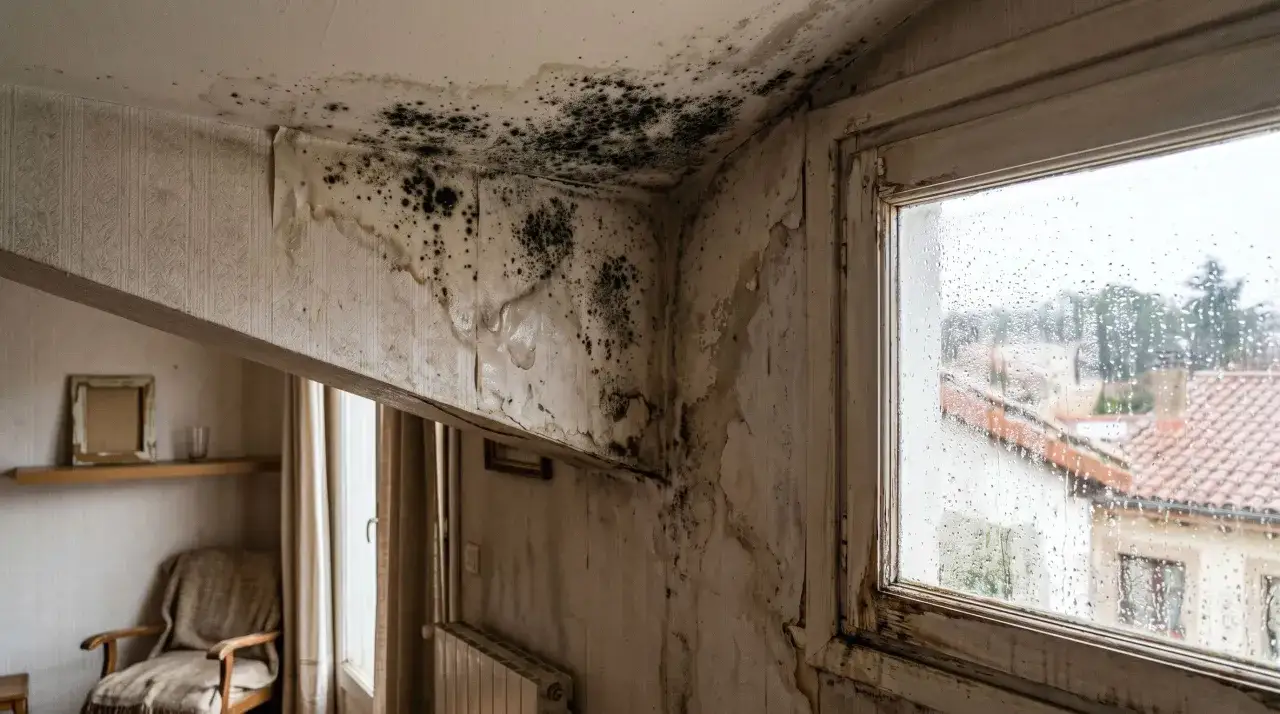 Esquina de habitación con moho negro y papel de pared despegado, indicando graves problemas de condensación. La ventana muestra gotas de lluvia.