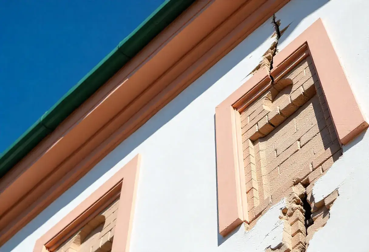 Grieta profunda en fachada de edificio, indicando necesidad de mantenimiento.