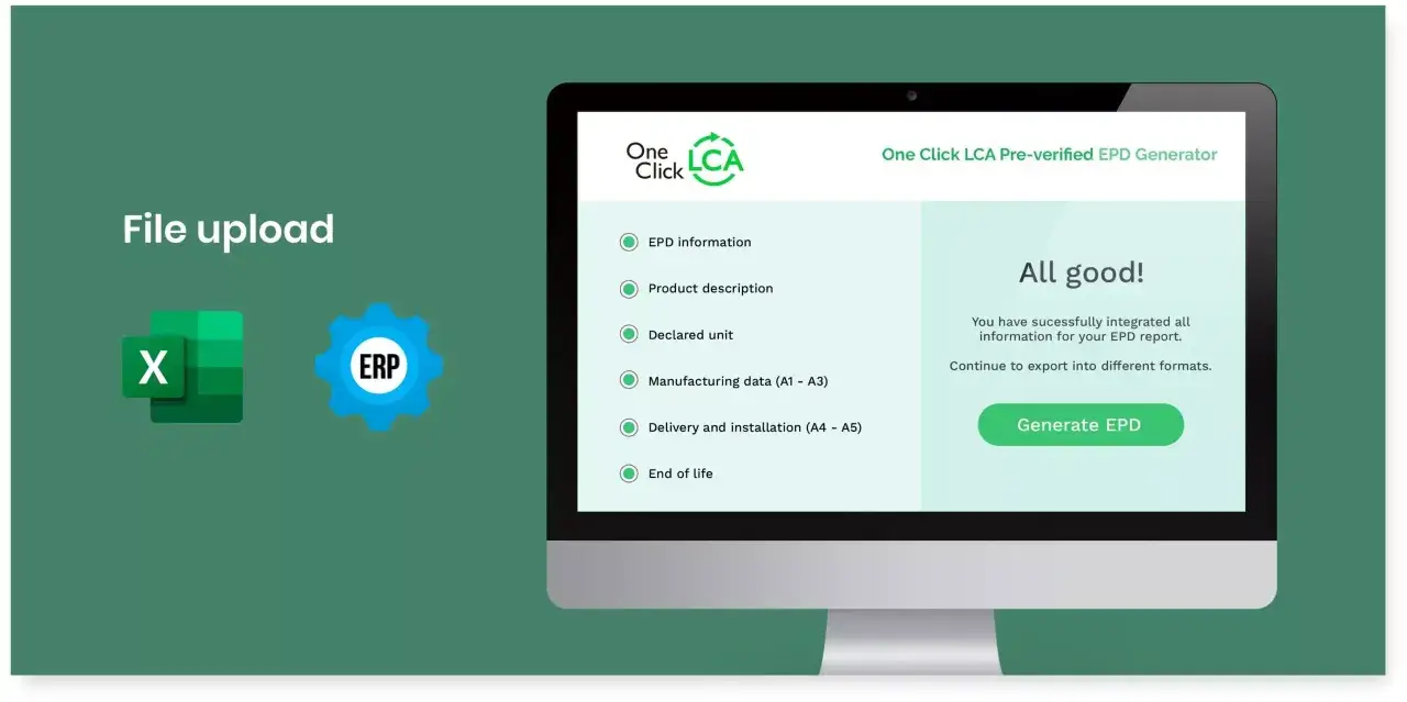 Generación de una declaración ambiental de producto (EPD) tras subir datos de Excel y ERP.