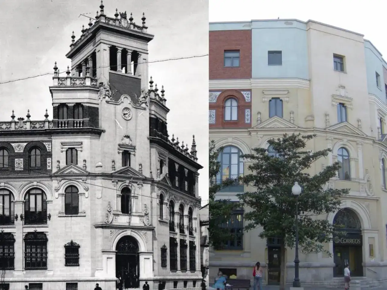 Comparación de fachadas antiguas y modernas. La imagen izquierda muestra un edificio histórico con detalles ornamentales, mientras que la derecha presenta una estructura renovada con colores vibrantes.