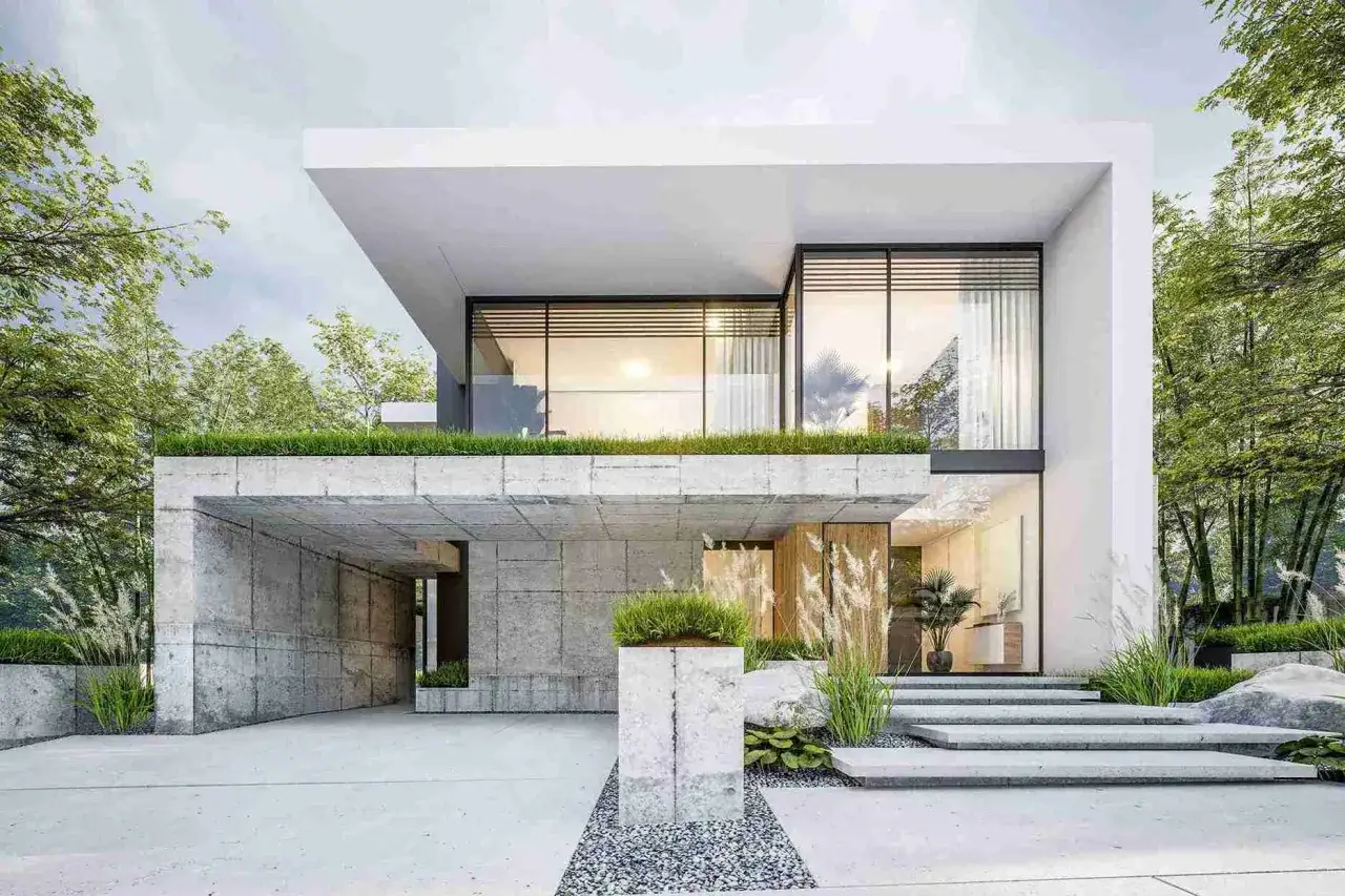 Moderna casa con amplios ventanales y vegetación integrada. Un diseño que ofrece inspiración para casas contemporáneas y minimalistas.