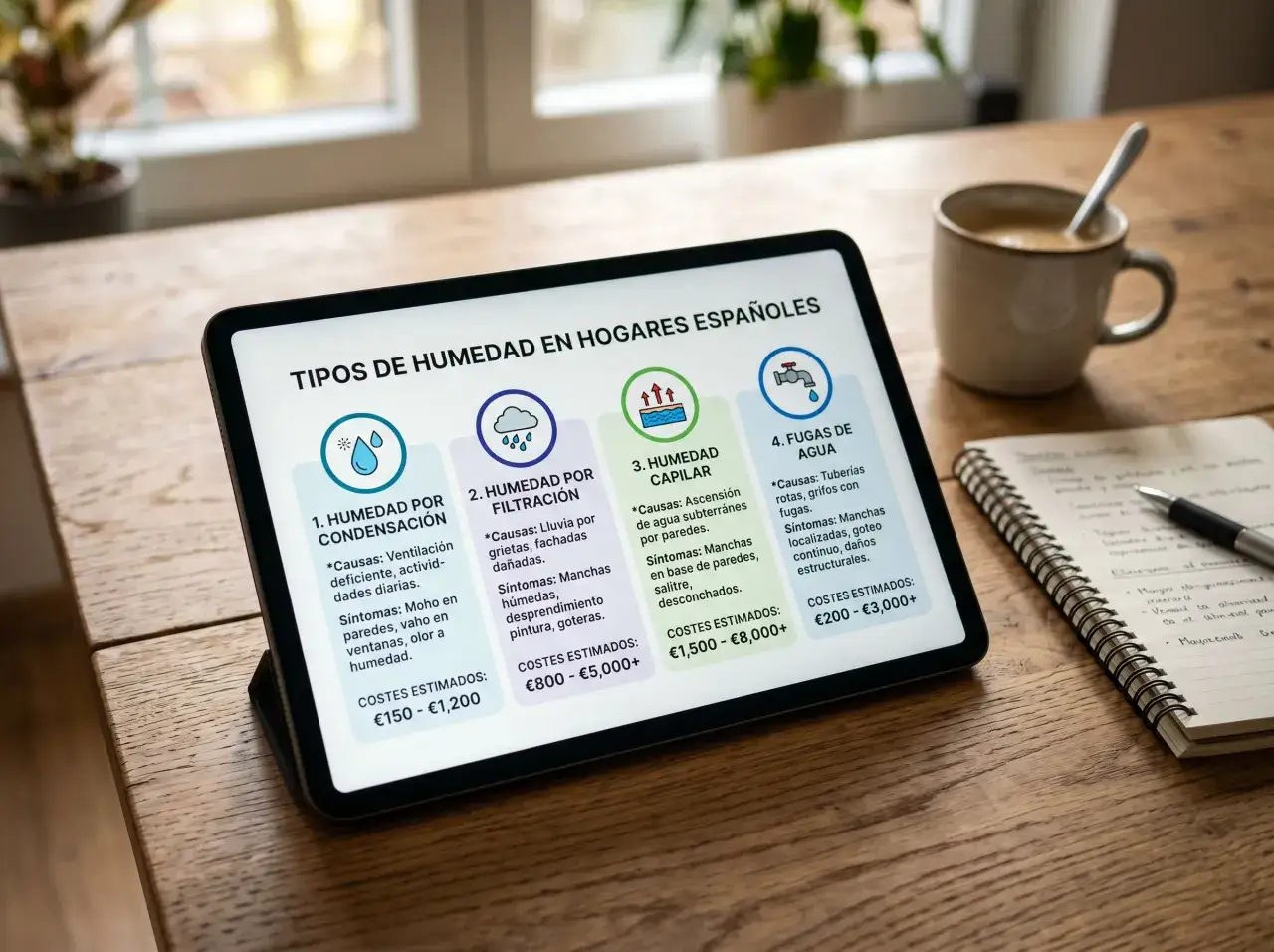 Tablet muestra tipos de humedad en hogares, incluyendo c&oacute;mo eliminar la humedad que brota del suelo.