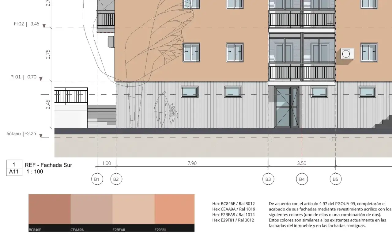 Fachada del inmueble con detalles de niveles y colores de revestimiento acrílico para su acabado exterior.