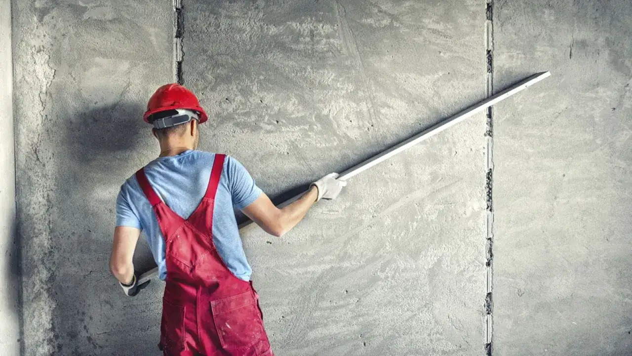 Obrero con casco rojo y mono rojo realiza el enfoscado de mortero en una pared de hormigón con una regla.