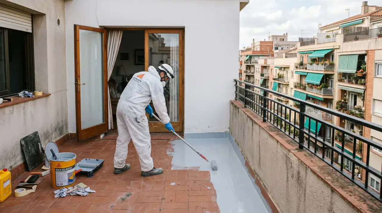 Trabajador impermeabiliza terraza de 100 metros con rodillo y pintura gris.